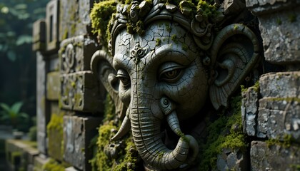 Fototapeta premium Weathered Ganesha Stone Relief with Moss – Sacred Ancient Temple Detail