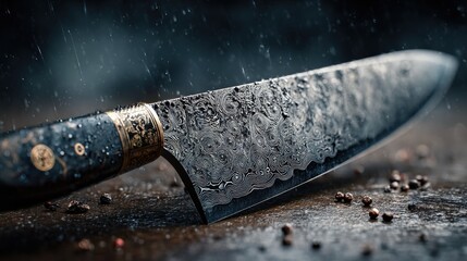 Elegant damascus steel chef's knife with decorative handle in soft rainfall © diaspradina