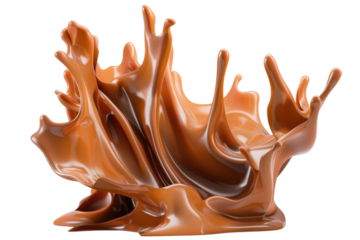 Caramel colored cascading liquid splash abstract shape on transparent background. Generative Ai
