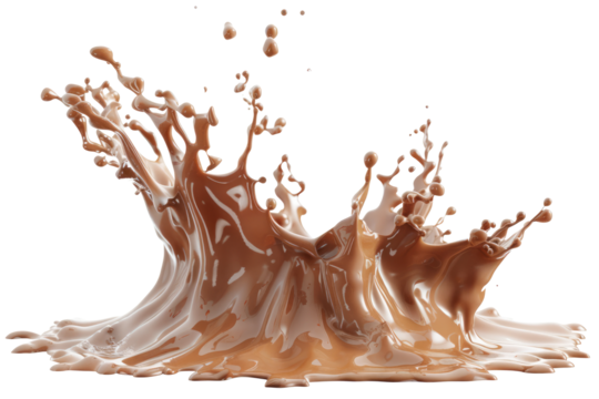 Caramel colored cascading liquid splash abstract shape on transparent background. Generative Ai