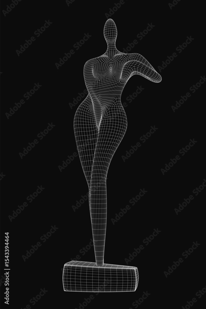 Poster a 3d wireframe model of a woman's torso with intricate details and realistic shading, set against a 