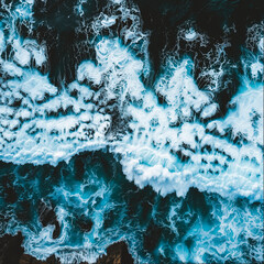 Aerial view of crashing ocean waves and swirling white foam over dark water