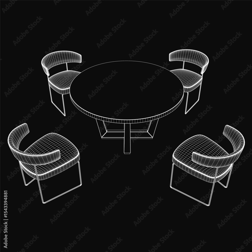 Poster a round dining table with four matching chairs arranged symmetrically around it, featuring clean lin