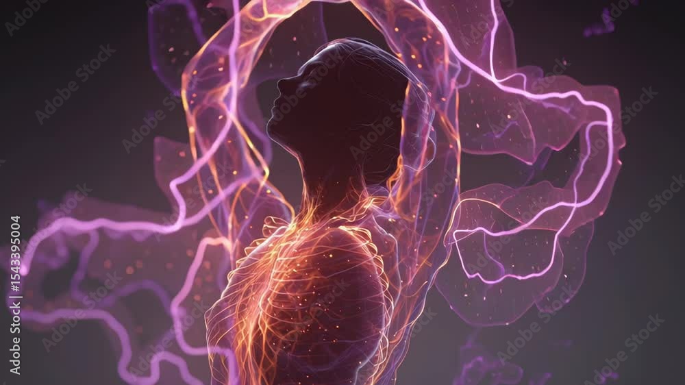 Poster energy flows through a woman's body, visualized with glowing particles and ethereal purple strands, 