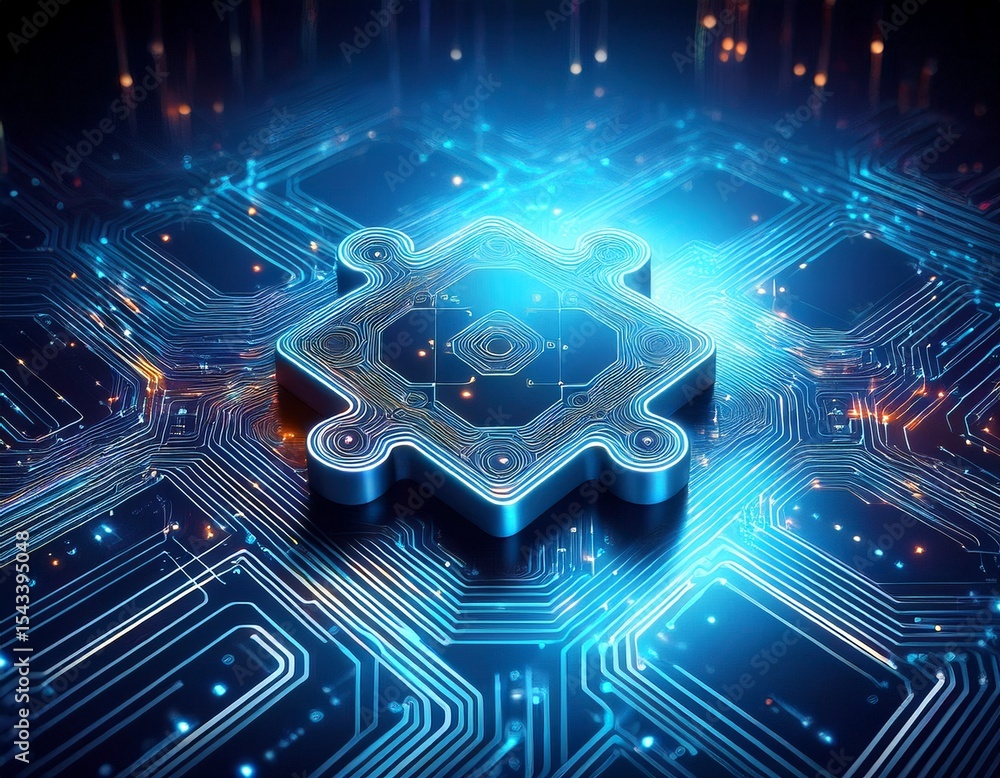 Poster glowing digital puzzle piece on futuristic circuit board concept of api integration or solution