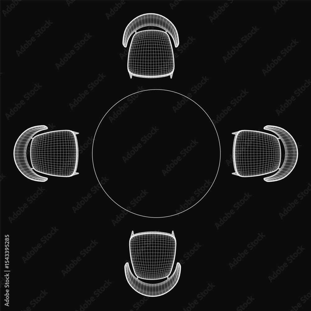 Poster four chairs arranged symmetrically around an invisible center point on a white circle against a blac