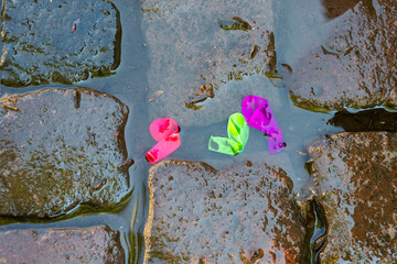 Colorful balloon remnants caught in rainwater on cobblestone streets after a festive celebration in...