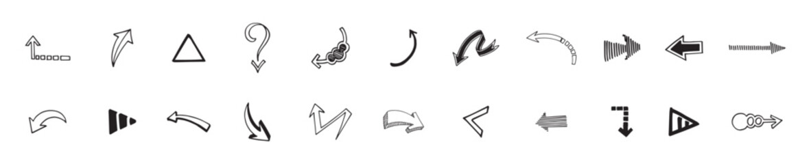 A set of various hand drawn arrows. Various curved lines and arrow curls. Drawing with a marker, different arrows in pen. Set of vector icons. Black and white direction signs., vector illustration.