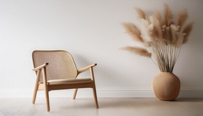 simplistic contemporary interior design wooden chair pampas grass in vase on white wall