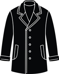 Black and white vector graphic depiction of a long sleeved overcoat