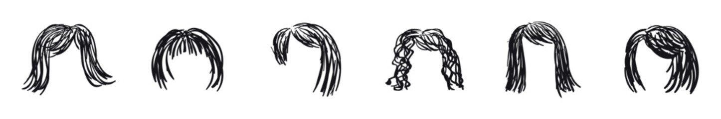 Hand drawn vector set of various female coiffure. Hairstyles icon set, hairstyle silhouette, vector illustration.