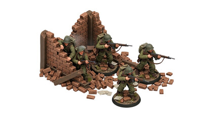 Miniature American Infantry Squad Advancing Through War-Torn Ruins, Ready for Battle, Dressed in Authentic WWII Uniforms with M1 Garand Rifles, on a Detailed Diorama Base