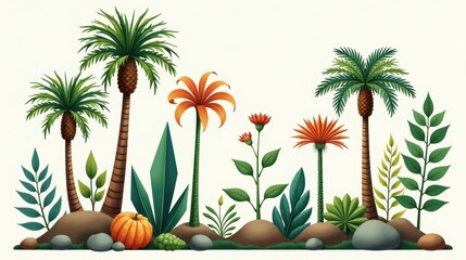 Prehistoric flora botanical poster with multiple species including extinct lycopods, ancient mosses, and early vascular plants