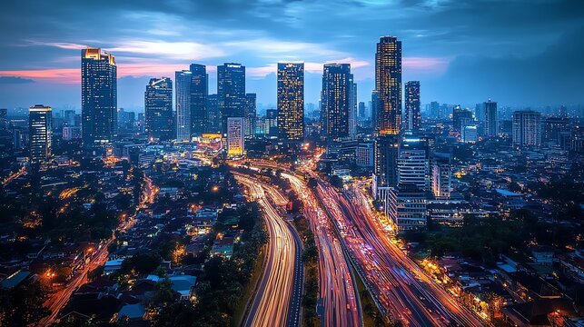 A stunning aerial view of Jakarta city skyline at dusk