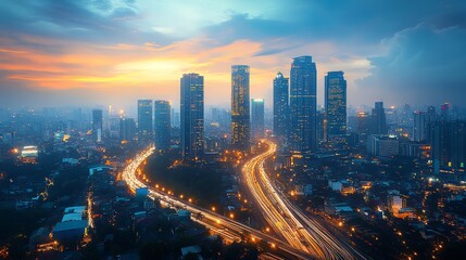 Obraz premium A stunning aerial view of Jakarta city skyline at dusk