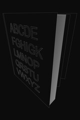 A black and white poster featuring bold letters A to Z arranged in a clean, typographic layout against a dark background. The design is simple yet striking, ideal for educational or book-related.