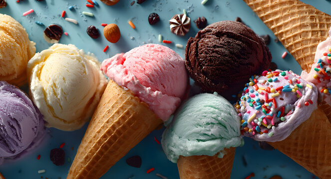 Celebration of national ice cream day with delicious ice creams and toppings - Powered by Adobe