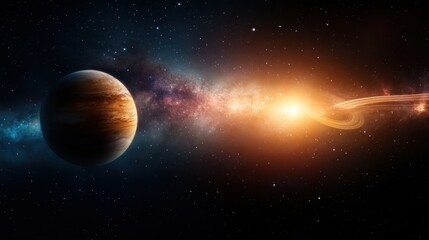 Obraz premium A stunning cosmic scene captures vibrant celestial bodies and swirling galaxies, showcasing the beauty and mystery of the universe in a captivating composition.