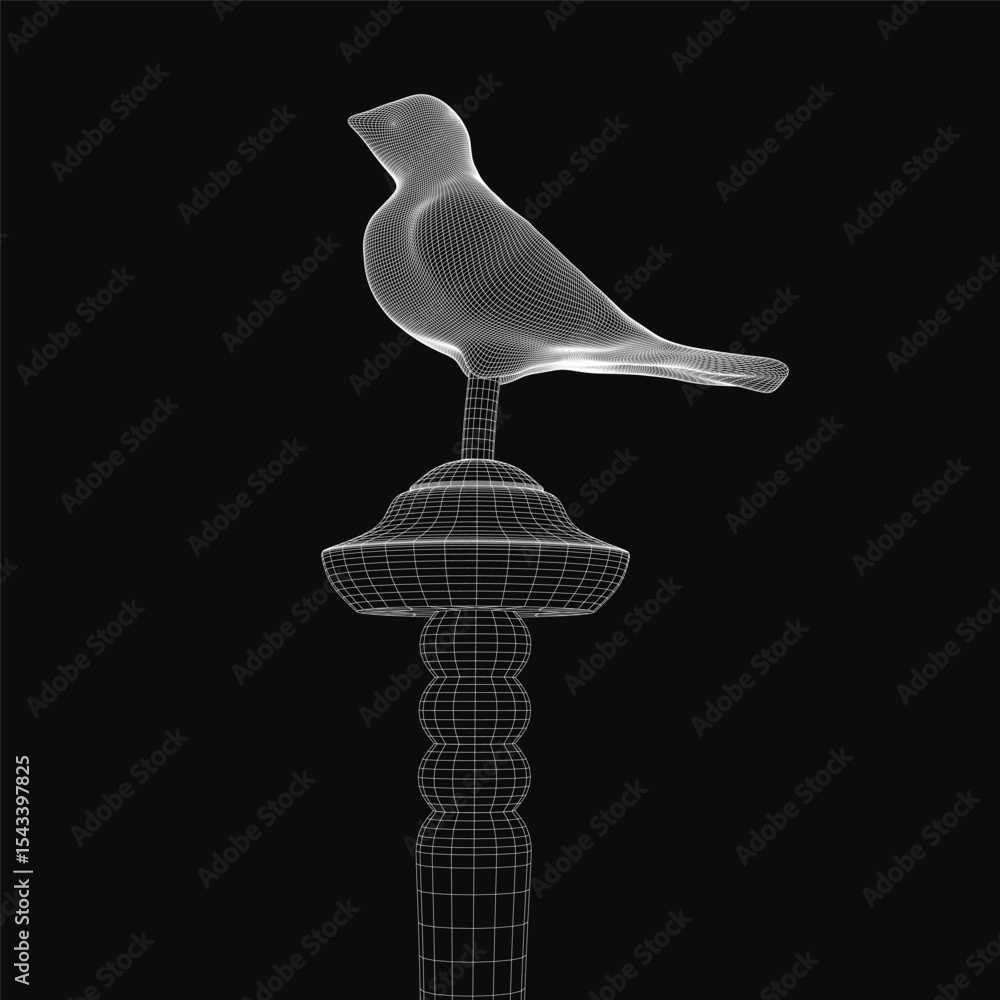 Poster a 3d model of a bird perched on a pole, rendered with realistic details and textures against a black