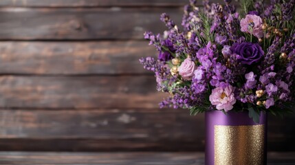 A vibrant arrangement of purple flowers in an elegantly designed vase showcases the beauty of nature, perfect for decoration or gifting on special occasions.