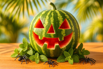 Creative Summerween concept with a carved watermelon jack-o’-lantern surrounded by mint leaves and toy spiders, blending Halloween spirit with tropical summer vibes. A seasonal trend