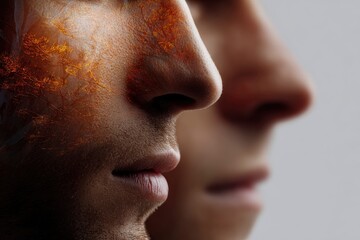 Two blurred human faces in profile with orange arboreal patterns superimposed on the forward face