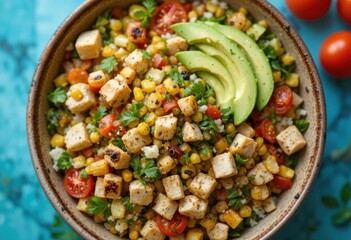 Una ensalada con pollo cortado en cubitos, maíz asado, tomates jugosos y aguacate cremoso servido en un tazón de cerámica