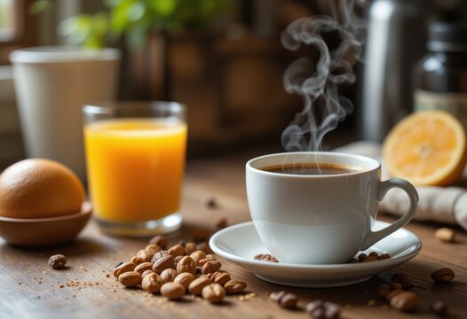 Escena de cocina con una taza de café humeante junto a un vaso de jugo de naranja y nueces mixtas
