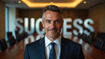 Hombre de negocios de pie con confianza frente a unas letras gigantes, metálicas y plateadas que deletrean éxito