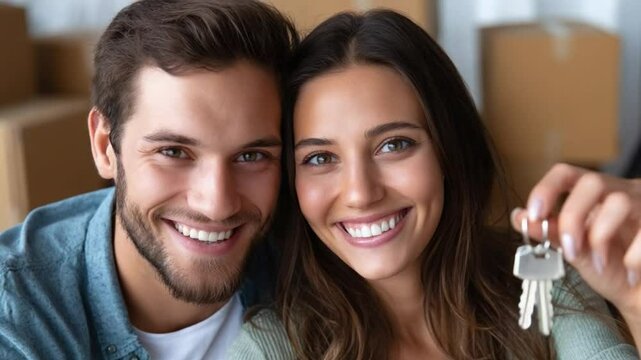 Happy Couple with New House Keys: A joyful young couple beams with happiness, proudly displaying their new house keys, symbolizing a fresh start and exciting new chapter in their lives together.