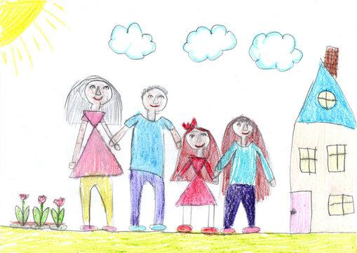 Child drawing of a happy family on a walk outdoors