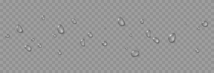 Vector water drops. Drops png, condensation on the window, on the surface. Realistic drops on an isolated transparent background.