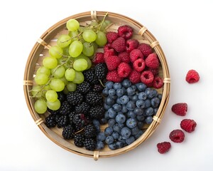 Blackberries and mixed fruits in bamboo basket on white view
