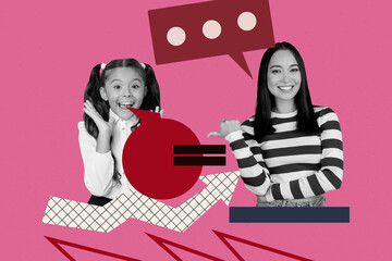 Exclusive magazine picture sketch collage image of two happy mother daughter school nerd pupil...