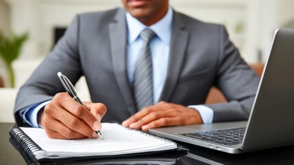 Businessman in formal suit writing notes with a laptop on a modern office desk