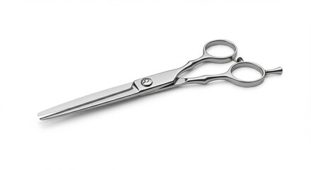 Hairdressing scissors with sleek silver blades and finger rest on white background, clean layout, product mockup style