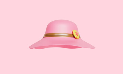 Fototapeta premium 꽃 무늬 장식 핑크 밀짚 모자 Pink Straw Sun Hat with Floral Decoration