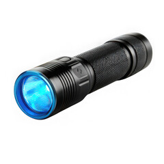 Close up of a black flashlight with a bright blue light on a white background