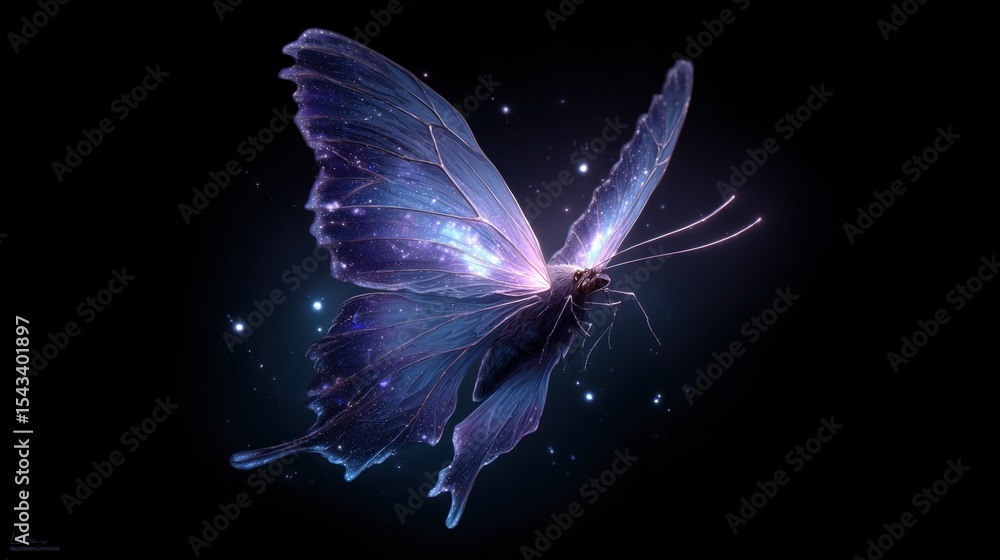 Wall mural glowing nebula butterfly with cosmic wings on a black background intricate details and sparkling lig