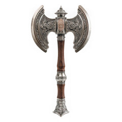 Ornate double bladed battle axe with wooden handle on a white background