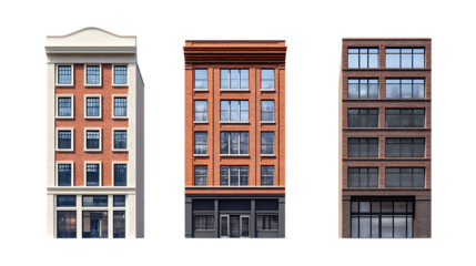 Pack Collection Three Classic NYC Building Facades Architectural Styles  Designs set against transparent background