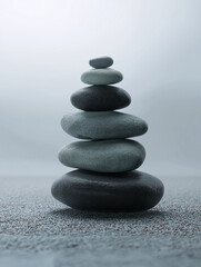 Smooth dark grey stones stacked in balance surrounded by soft white mist, peaceful zen-like atmosphere, spa wellness concept, minimal and calming background