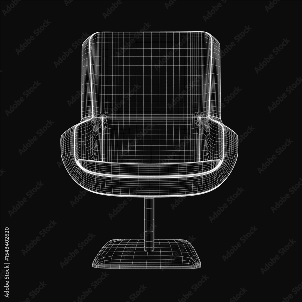 Poster a comfortable chair rendered as a detailed 3d wireframe model, showcasing its realistic structure an
