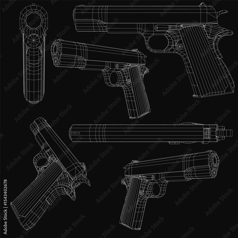 Aufkleber colt handgun 3d model blueprint on black background, featuring detailed barrel, handle, and trigger 