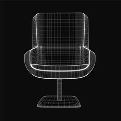 A comfortable chair rendered as a detailed 3D wireframe model, showcasing its realistic structure and design on a sleek black background. The clean lines and transparent framework highlight the.