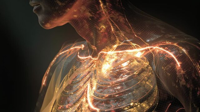 Golden energy particles are flowing through the chest and shoulder area of a human body, creating a mesmerizing visual representation of vital energy or nerve impulses