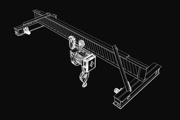 Single girder overhead crane drawing on black background, featuring a long arm with hook for lifting heavy loads. The detailed illustration includes a hoist, crane arm, and motor components.