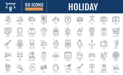 Holiday line editable icon set. Containing vacation, plane,
passport, hotel, palm tree, travel, beach, sunset, island and
more. Vector illustration