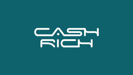 Futuristic CASH RICH text logo design in white geometric font on teal background, ideal for finance, tech startups, crypto branding, luxury business, or digital platforms