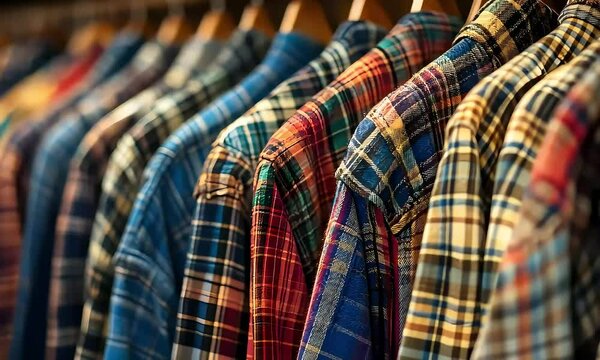 Rows of Plaid Flannel Shirts Hanging on Rack: Apparel Collection Showcase